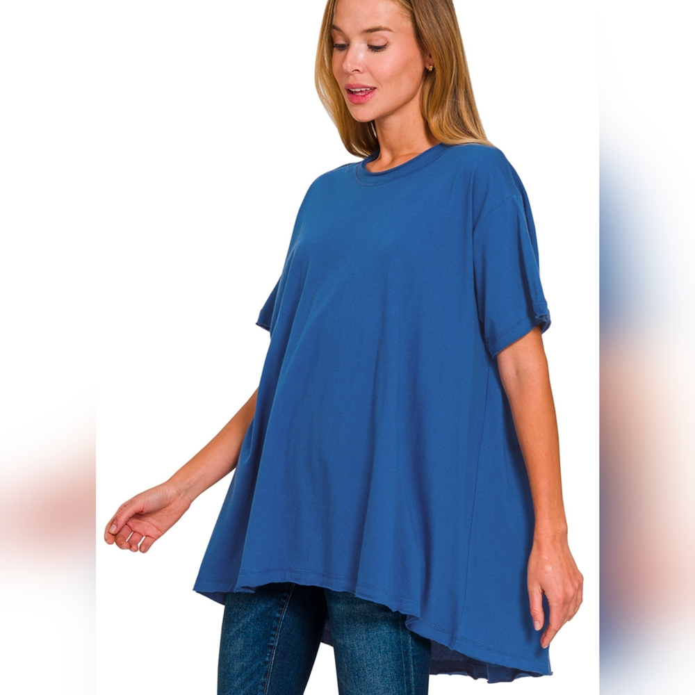 Zenana Washed Cotton Drop Shoulder Oversized Short Sleeve Top, Lt Navy
